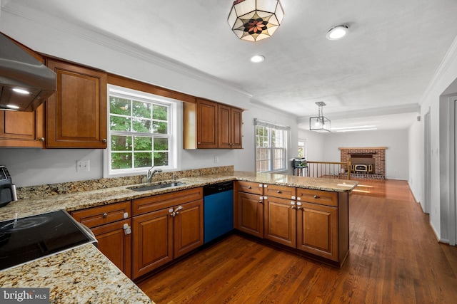 8321 Terra Grande Ave, Springfield, VA 22153 - kitchen with dishwasher, a sink, wall chimney range hood, a peninsula, and brown cabinets