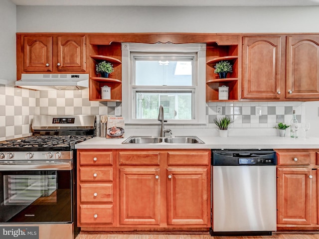 2411 Ruth Ave, Sparrows Point, MD 21219 - kitchen with appliances with stainless steel finishes, under cabinet range hood, open shelves, a sink, and light countertops