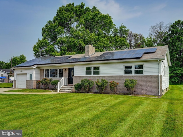 2411 Ruth Ave, Sparrows Point, MD 21219 - single story home featuring brick siding, solar panels, a garage, a front yard, and a chimney