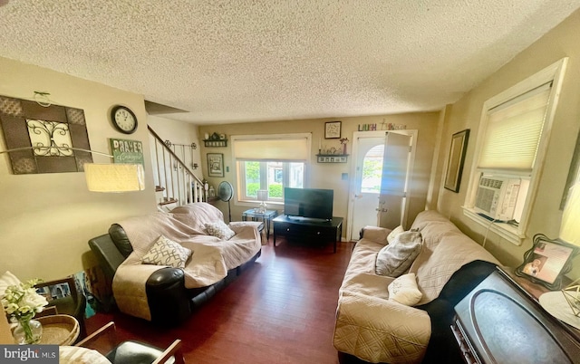 103 Willows Ave Unit 90, Norwood, PA 19074 - living room featuring a textured ceiling, stairs, wood finished floors, and cooling unit