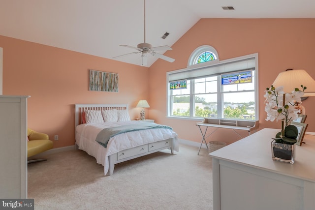 37685T Ulster Dr Unit 17, Rehoboth Beach, DE 19971 - bedroom with light colored carpet, high vaulted ceiling, baseboards, and ceiling fan