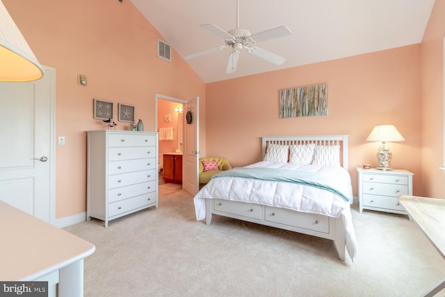 37685T Ulster Dr Unit 17, Rehoboth Beach, DE 19971 - bedroom with light colored carpet, high vaulted ceiling, connected bathroom, and ceiling fan