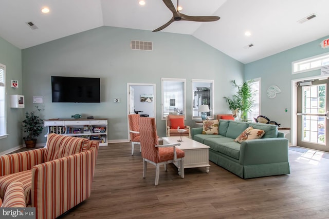 37685T Ulster Dr Unit 17, Rehoboth Beach, DE 19971 - living area with high vaulted ceiling, a ceiling fan, wood finished floors, recessed lighting, and baseboards