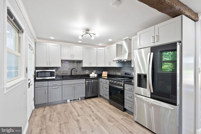 5634 Inverchapel Rd, Springfield, VA 22151 - kitchen with stainless steel appliances, wall chimney exhaust hood, a sink, dark countertops, and backsplash