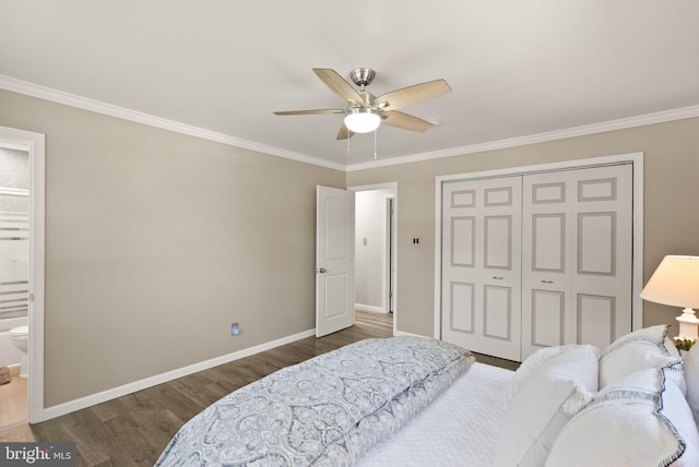 5634 Inverchapel Rd, Springfield, VA 22151 - bedroom with wood finished floors, baseboards, crown molding, a closet, and ceiling fan