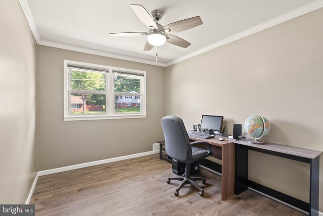 5634 Inverchapel Rd, Springfield, VA 22151 - home office featuring crown molding, baseboards, wood finished floors, and a ceiling fan