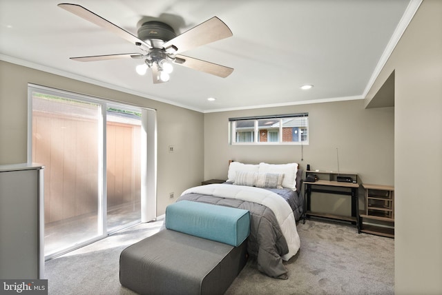 5634 Inverchapel Rd, Springfield, VA 22151 - carpeted bedroom with access to exterior, crown molding, recessed lighting, and ceiling fan