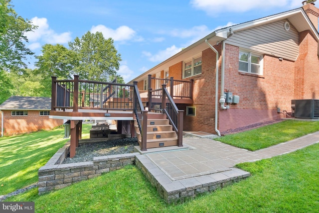 5634 Inverchapel Rd, Springfield, VA 22151 - back of property with a deck, a patio, brick siding, a yard, and stairway