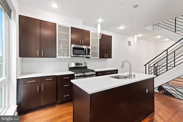 2313 Tulip St, Philadelphia, PA 19125 - kitchen with appliances with stainless steel finishes, a sink, light wood-style flooring, light countertops, and glass insert cabinets