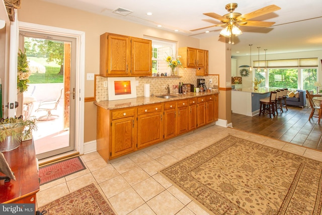 312 E 7th Ave, Trappe, PA 19426 - kitchen with a sink, backsplash, light tile patterned flooring, a ceiling fan, and recessed lighting