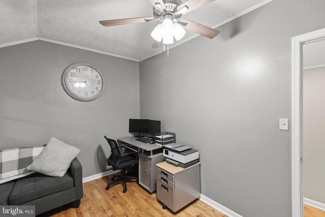 171 Sinking Spring Ln, Gore, VA 22637 - office area with light wood-style flooring, ceiling fan, crown molding, a textured ceiling, and lofted ceiling