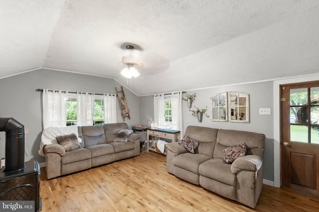 171 Sinking Spring Ln, Gore, VA 22637 - living area with light wood finished floors, a ceiling fan, vaulted ceiling, a textured ceiling, and plenty of natural light