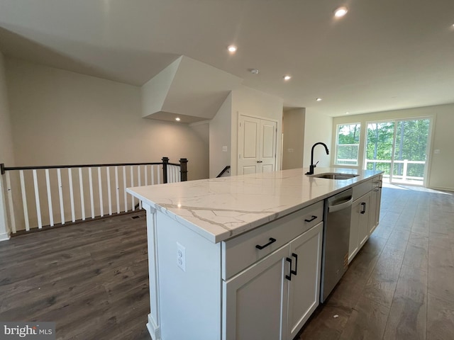 13206 Nixon Ln, Woodbridge, VA 22193 - kitchen with dishwasher, a sink, dark wood finished floors, white cabinets, and recessed lighting