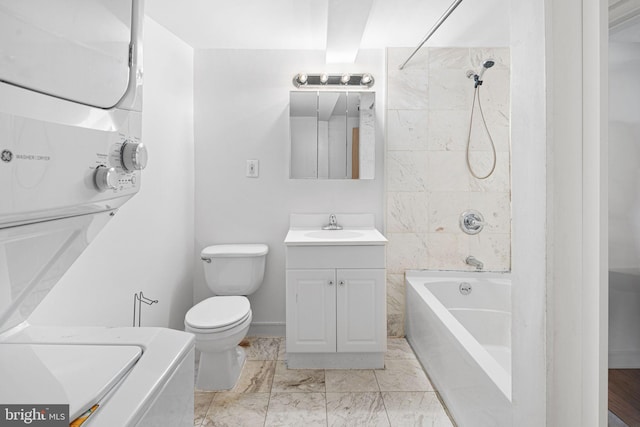 810 N Hancock St Unit 2, Philadelphia, PA 19123 - full bathroom with vanity, stacked washer and clothes dryer, tub / shower combination, and marble look tiles