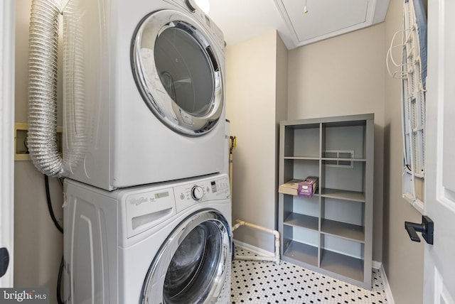 8 Railroad Pl, Pennington, NJ 08534 - laundry area with stacked washer and clothes dryer and baseboards