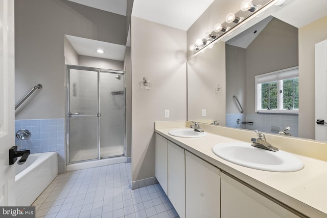8 Railroad Pl, Pennington, NJ 08534 - bathroom featuring tile patterned flooring, a bath, double vanity, and a stall shower