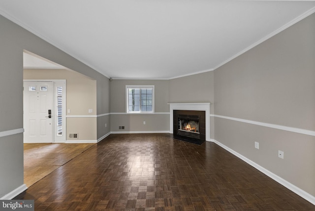 8 Railroad Pl, Pennington, NJ 08534 - unfurnished living room with a fireplace with flush hearth and ornamental molding