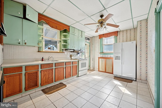 1865 Marshall, Norristown, PA 19403 - kitchen with white appliances, wallpapered walls, open shelves, a ceiling fan, and light countertops