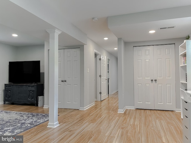 26055 Prospect Hill Rd, Mechanicsville, MD 20659 - corridor with light wood-type flooring, baseboards, decorative columns, and recessed lighting
