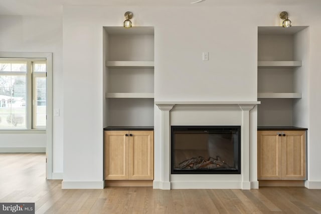 135 Radnor Ct, Rockingham, VA 22801 - unfurnished living room with light wood-style flooring, built in shelves, a glass covered fireplace, and baseboards