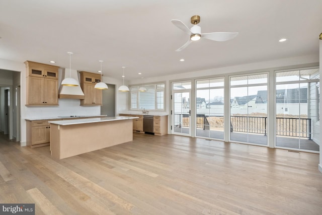 135 Radnor Ct, Rockingham, VA 22801 - kitchen featuring premium range hood, stainless steel dishwasher, light countertops, a center island, and recessed lighting