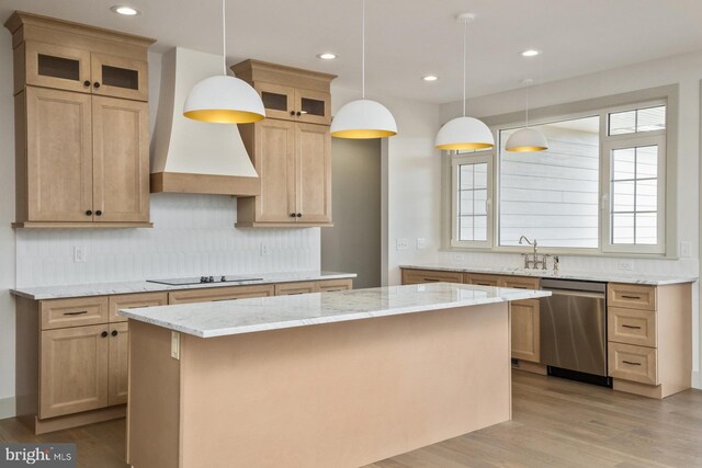 135 Radnor Ct, Rockingham, VA 22801 - kitchen featuring stainless steel dishwasher, a kitchen island, custom exhaust hood, backsplash, and light stone countertops
