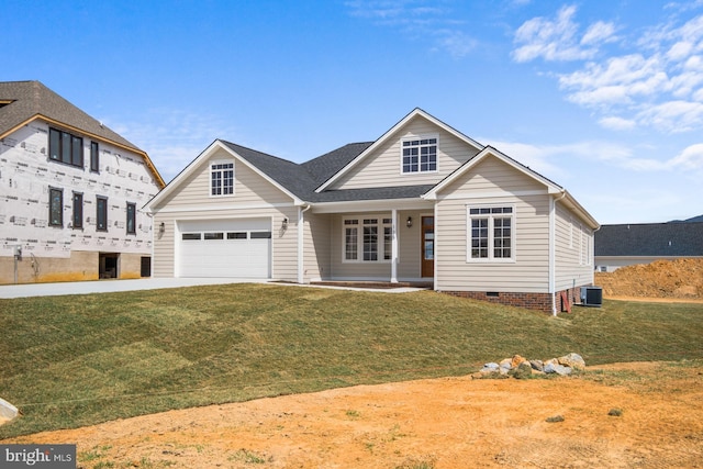 135 Radnor Ct, Rockingham, VA 22801 - view of front of home with a front lawn, a porch, concrete driveway, central air condition unit, and crawl space
