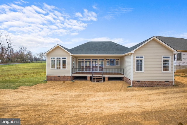 135 Radnor Ct, Rockingham, VA 22801 - rear view of house with crawl space, roof with shingles, a wooden deck, and a yard