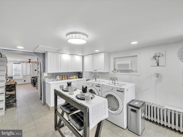 220 Fisher Ave, Coaldale, PA 18218 - laundry area featuring washing machine and clothes dryer, radiator heating unit, light tile patterned floors, recessed lighting, and a ceiling fan