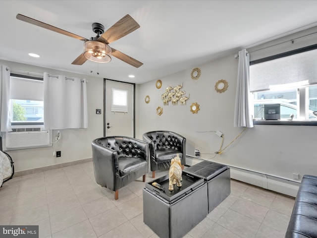 220 Fisher Ave, Coaldale, PA 18218 - living area with ceiling fan, baseboard heating, recessed lighting, cooling unit, and light tile patterned floors