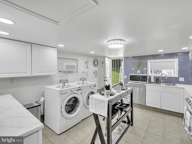 220 Fisher Ave, Coaldale, PA 18218 - laundry area featuring separate washer and dryer, wallpapered walls, light tile patterned floors, and recessed lighting