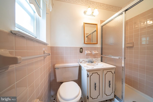 7911 Farnsworth St, Philadelphia, PA 19152 - full bath featuring a stall shower, vanity, tile walls, toilet, and wainscoting