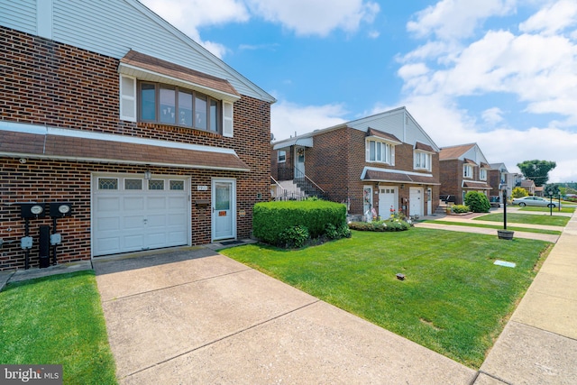 7911 Farnsworth St, Philadelphia, PA 19152 - view of front of house with an attached garage, concrete driveway, brick siding, a residential view, and a front yard