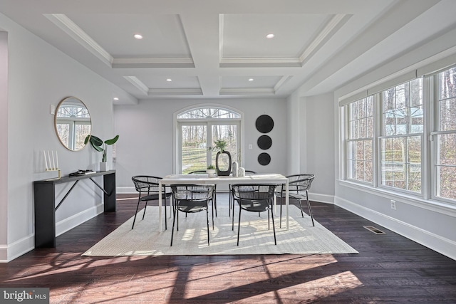 1637 Cold Bottom Rd, Sparks Glencoe, MD 21152 - dining area with coffered ceiling, baseboards, dark wood-style flooring, beam ceiling, and crown molding