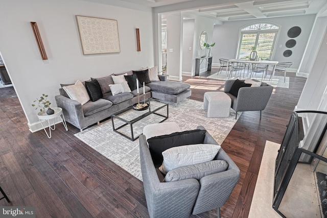 1637 Cold Bottom Rd, Sparks Glencoe, MD 21152 - living room with wood finished floors, baseboards, coffered ceiling, and beamed ceiling
