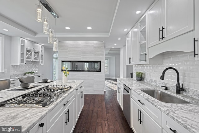 1637 Cold Bottom Rd, Sparks Glencoe, MD 21152 - kitchen featuring stainless steel appliances, a sink, dark wood-style floors, white cabinets, and light stone countertops