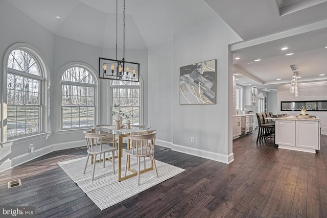 1637 Cold Bottom Rd, Sparks Glencoe, MD 21152 - dining room featuring a chandelier, dark wood-style flooring, high vaulted ceiling, baseboards, and healthy amount of natural light