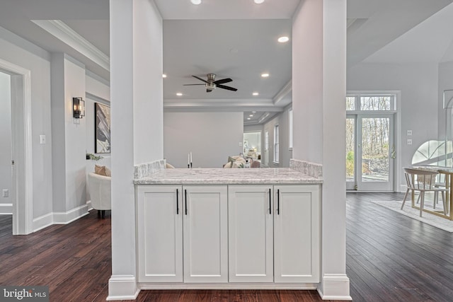 1637 Cold Bottom Rd, Sparks Glencoe, MD 21152 - kitchen with dark wood-style flooring, ornamental molding, ceiling fan, baseboards, and a tray ceiling