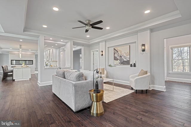 1637 Cold Bottom Rd, Sparks Glencoe, MD 21152 - living area featuring ceiling fan, dark wood-style flooring, baseboards, ornamental molding, and recessed lighting