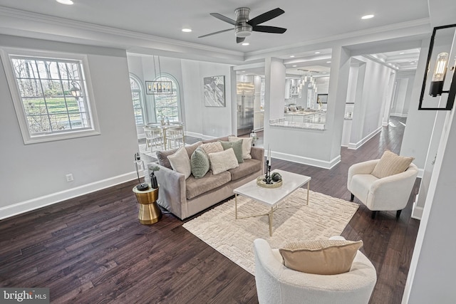 1637 Cold Bottom Rd, Sparks Glencoe, MD 21152 - living area featuring a ceiling fan, crown molding, dark wood-style floors, baseboards, and recessed lighting