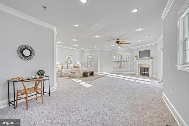 1637 Cold Bottom Rd, Sparks Glencoe, MD 21152 - carpeted living room featuring crown molding, baseboards, ceiling fan, recessed lighting, and a tile fireplace