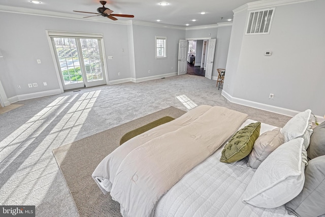 1637 Cold Bottom Rd, Sparks Glencoe, MD 21152 - carpeted bedroom featuring ornamental molding, baseboards, multiple windows, access to outside, and recessed lighting