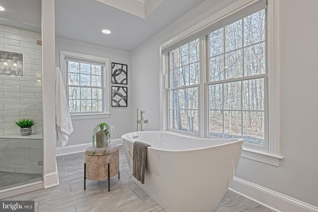 1637 Cold Bottom Rd, Sparks Glencoe, MD 21152 - full bathroom with baseboards, a freestanding bath, recessed lighting, a shower stall, and marble finish flooring