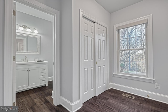 1637 Cold Bottom Rd, Sparks Glencoe, MD 21152 - unfurnished bedroom featuring dark wood finished floors, baseboards, a closet, and a sink
