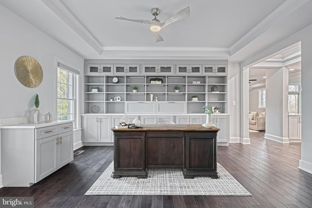 1637 Cold Bottom Rd, Sparks Glencoe, MD 21152 - office area featuring ceiling fan, crown molding, dark wood-style flooring, a tray ceiling, and baseboards
