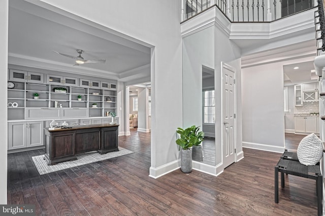 1637 Cold Bottom Rd, Sparks Glencoe, MD 21152 - home office with a ceiling fan, dark wood-type flooring, baseboards, and crown molding