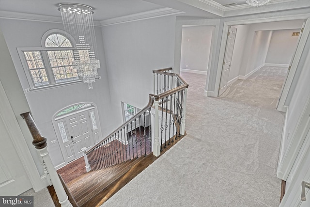 1637 Cold Bottom Rd, Sparks Glencoe, MD 21152 - stairs with a chandelier, crown molding, carpet, and baseboards
