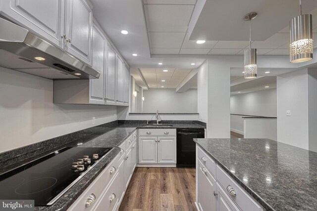 1637 Cold Bottom Rd, Sparks Glencoe, MD 21152 - kitchen featuring black appliances, under cabinet range hood, a sink, wood finished floors, and pendant lighting