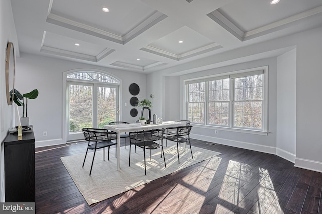1637 Cold Bottom Rd, Sparks Glencoe, MD 21152 - dining room with baseboards, dark wood finished floors, beam ceiling, coffered ceiling, and recessed lighting
