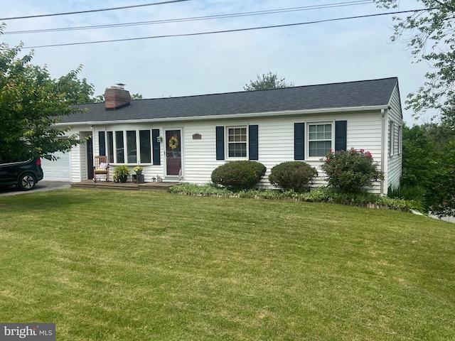 16208 Spade Rd, Hagerstown, MD 21740 - single story home featuring a chimney, a front lawn, a garage, and a shingled roof
